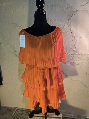 Zesica tiered ruffle off-the-shoulder dress M Orange Midi NWT